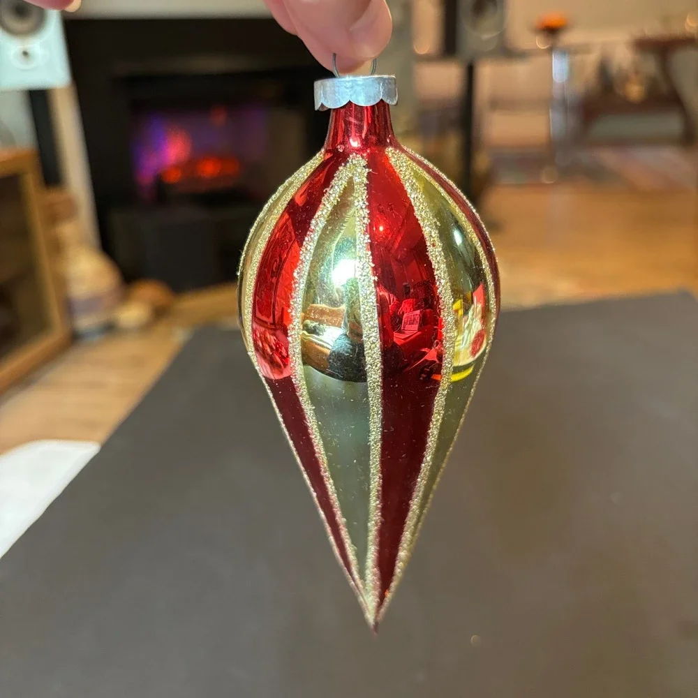 Vintage Teardrop Christmas Ornament Red Gold Glitter Striped Glass USA Made